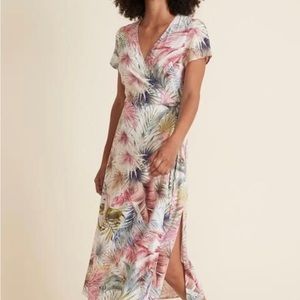 Marine Layer Emlyn Floral Wrap Midi Dress in tropical palm leaf print